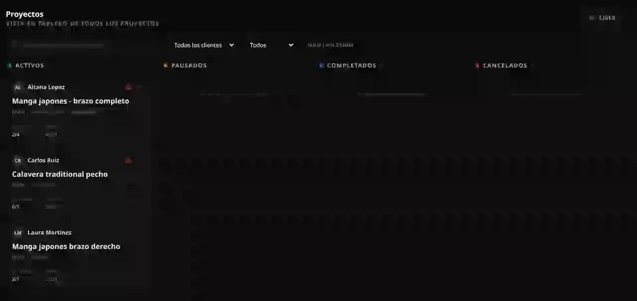 Tablero de proyectos de TattooGestion con proyectos activos, sesiones y deuda de cada cliente