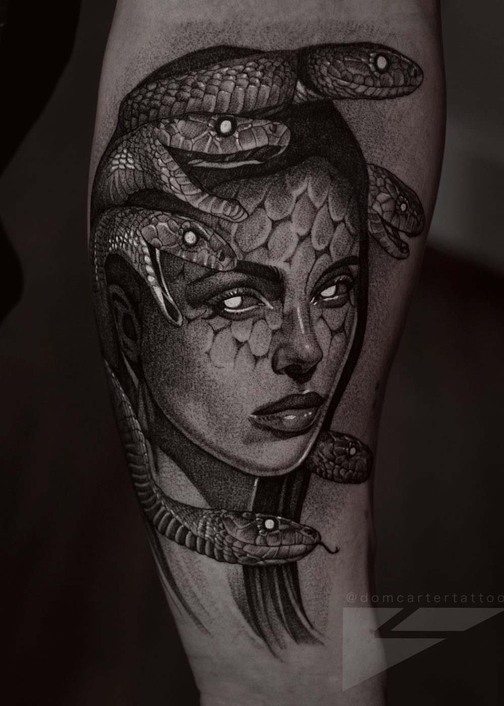 Tatuaje black & grey de una Medusa en un antebrazo